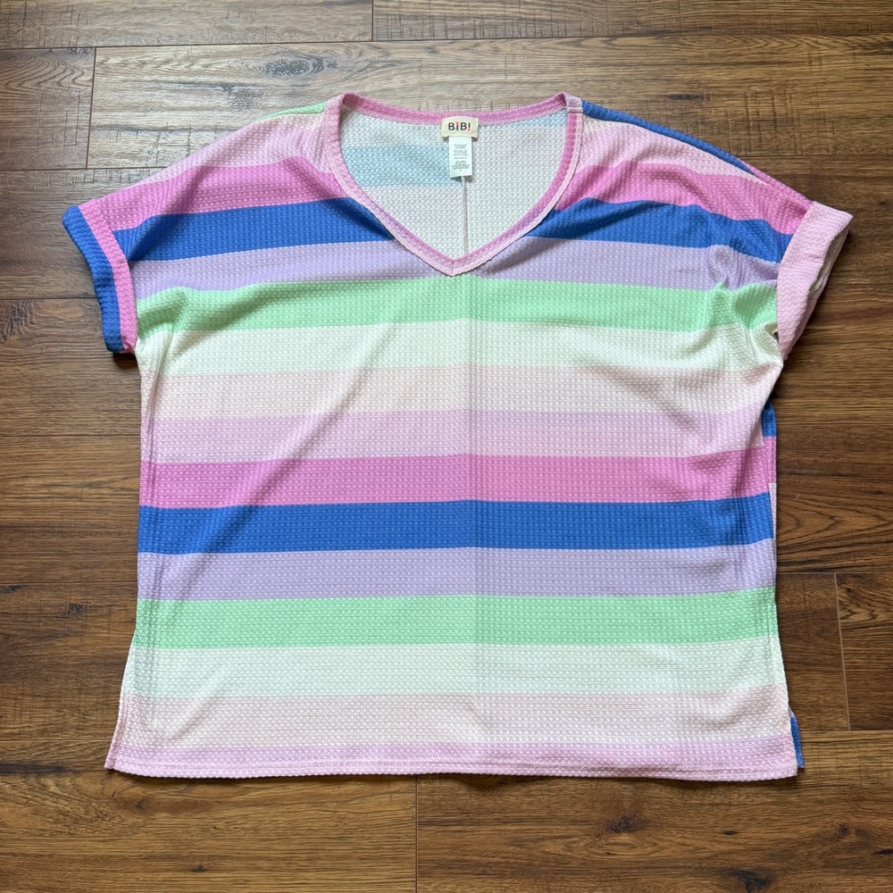 BiBi Women’s Oversized Striped Waffle Rolled Short Sleeve T Shirt Size Large - Picture 3 of 9